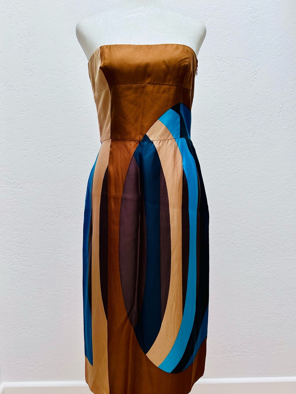 Miu Miu Strapless Geometric Brown and Blue Cocktail Dress